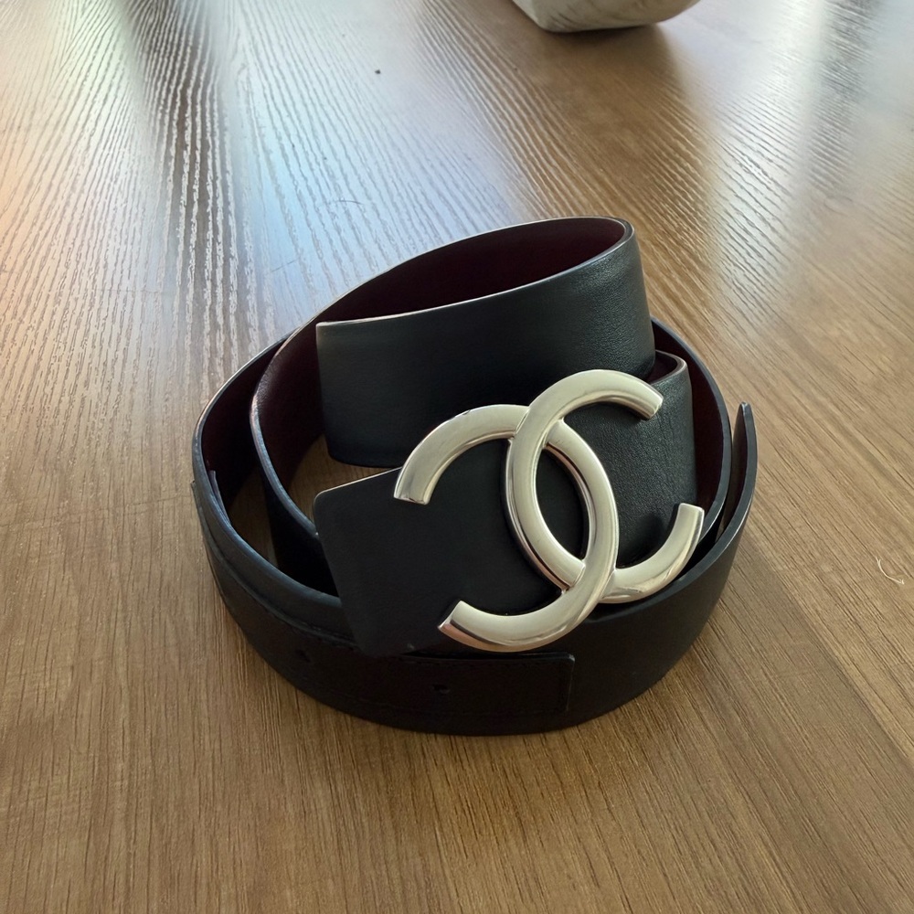 Chanel Reversible Black Burgundy Belt with Silver CC buckle